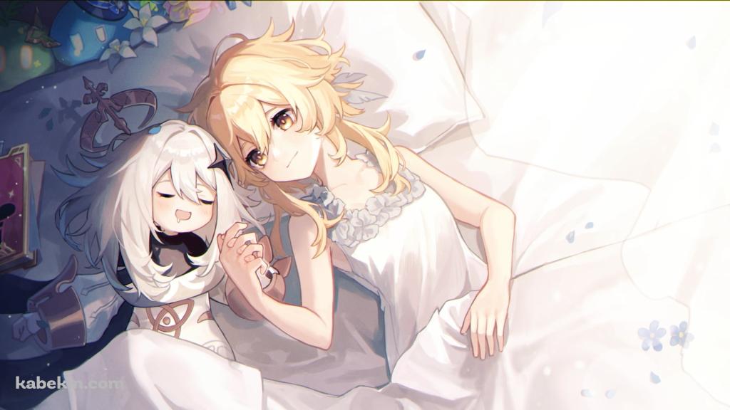 涎を垂らして寝るパイモンと手をつなぐ蛍 / 原神の壁紙(1024px x 576px) 高画質 PC・デスクトップ用