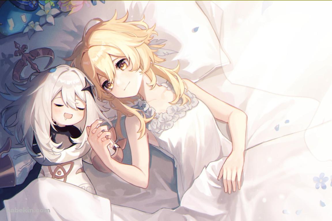 涎を垂らして寝るパイモンと手をつなぐ蛍 / 原神の壁紙(1152px x 768px) 高画質 PC・デスクトップ用