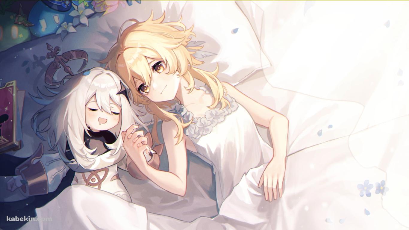 涎を垂らして寝るパイモンと手をつなぐ蛍 / 原神の壁紙(1366px x 768px) 高画質 PC・デスクトップ用