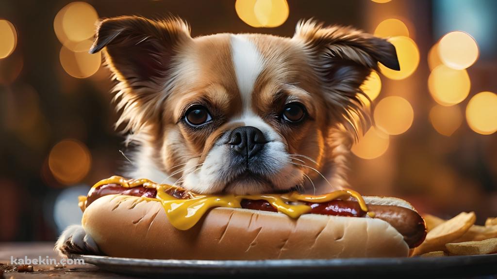 ホットドッグと茶色と白の真顔の犬の壁紙(1024px x 576px) 高画質 PC・デスクトップ用