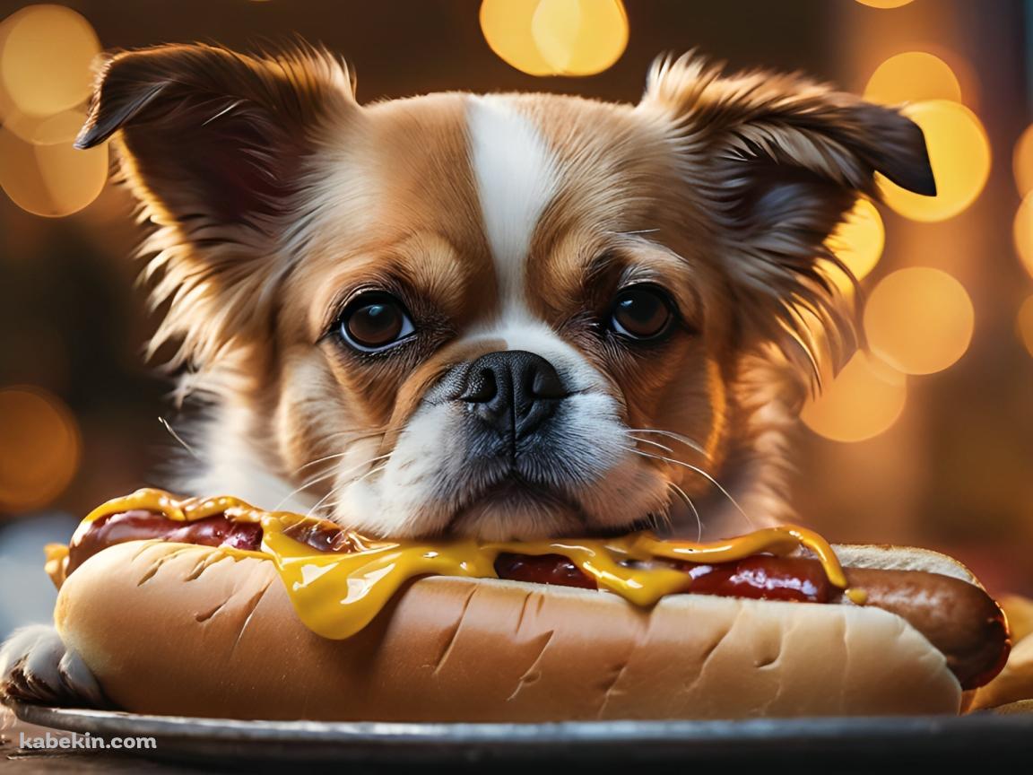 ホットドッグと茶色と白の真顔の犬の壁紙(1152px x 864px) 高画質 PC・デスクトップ用