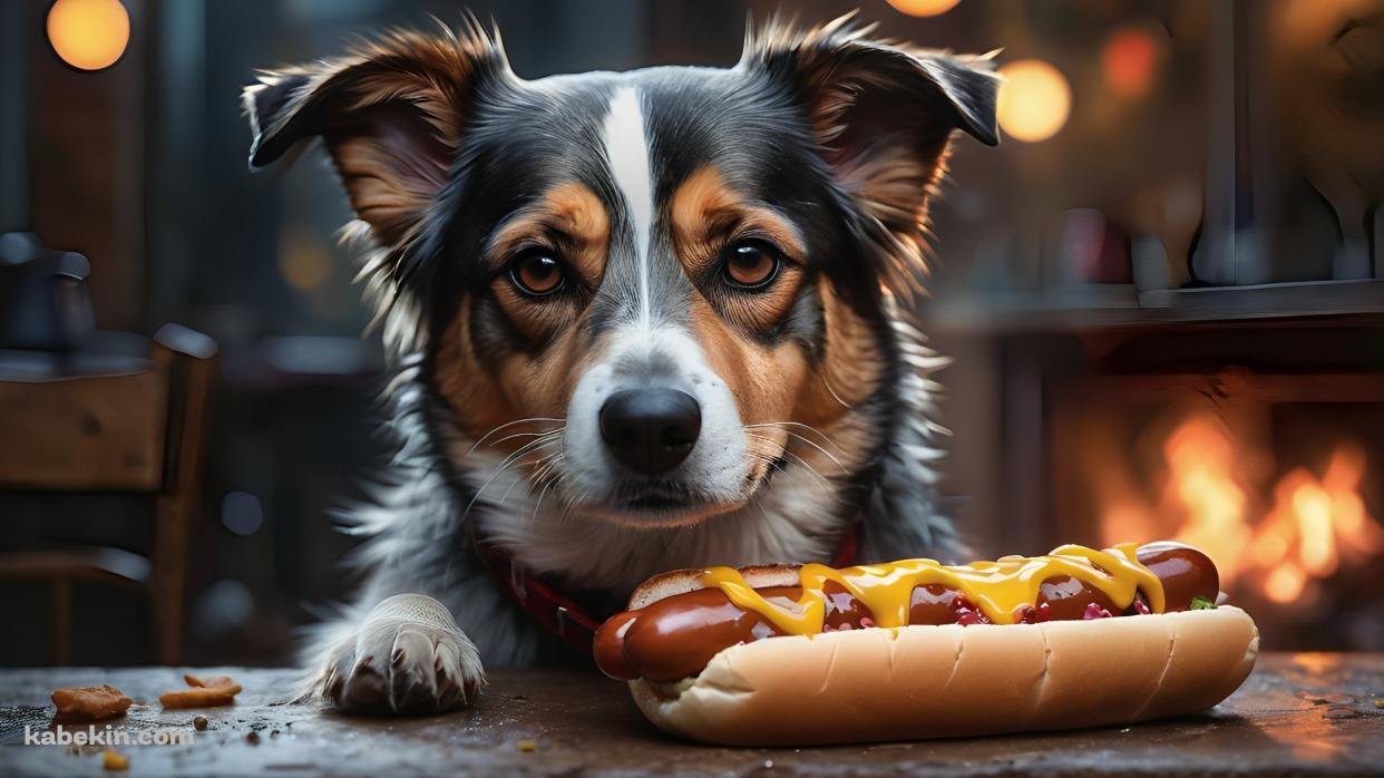 ホットドッグと黒と白と茶色の真顔の犬の壁紙(1242px x 698px) 高画質 PC・デスクトップ用