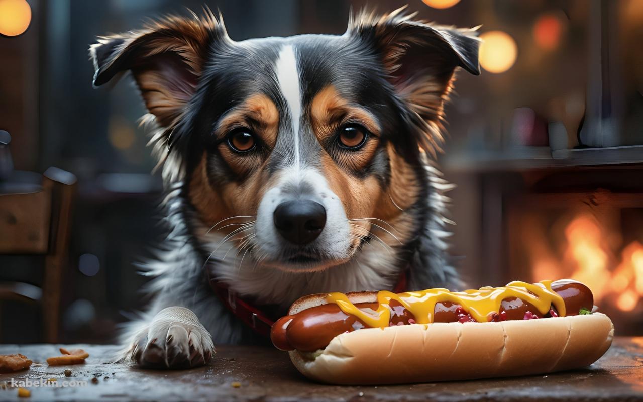 ホットドッグと黒と白と茶色の真顔の犬の壁紙(1280px x 800px) 高画質 PC・デスクトップ用