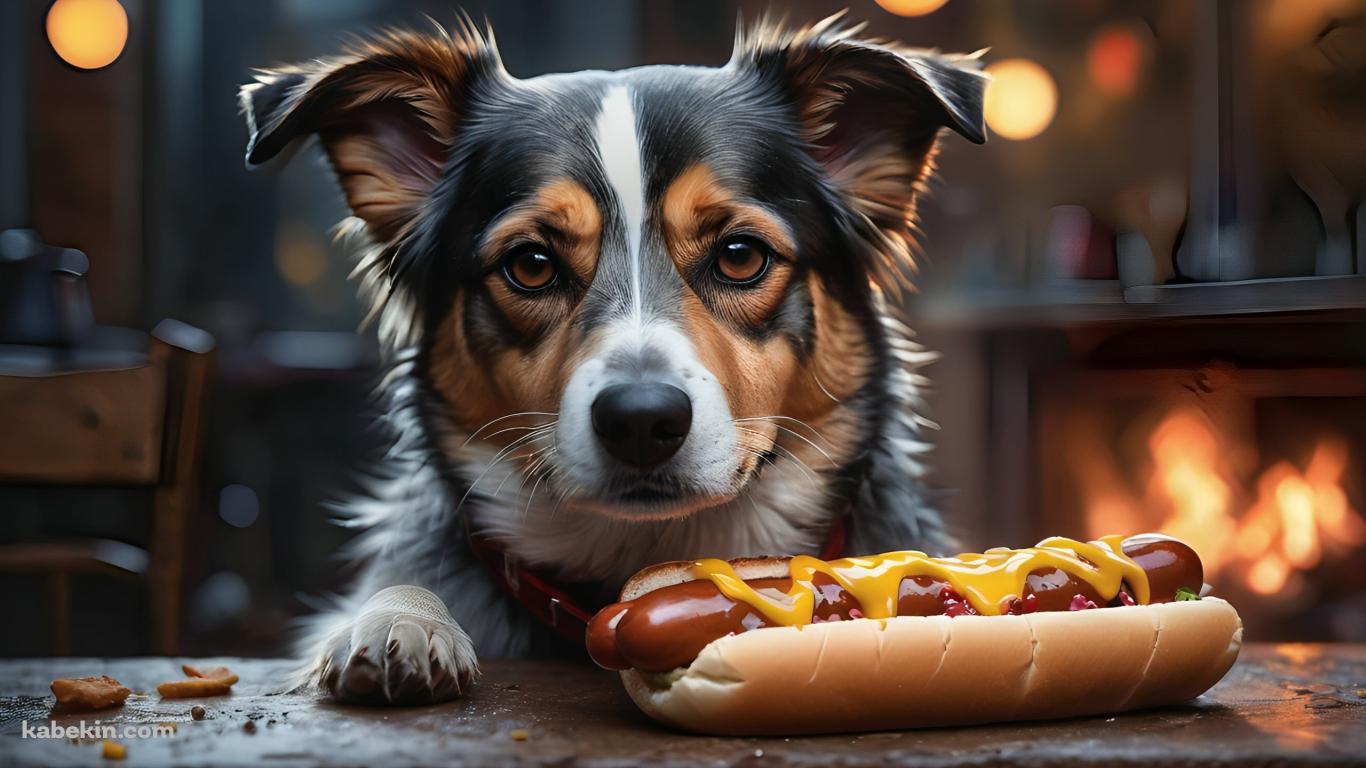 ホットドッグと黒と白と茶色の真顔の犬の壁紙(1366px x 768px) 高画質 PC・デスクトップ用