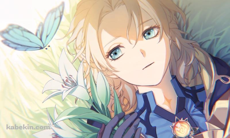 白い百合の花を持ちながら青い蝶を見つめるアルベド / 原神の壁紙(800px x 480px) 高画質 PC・デスクトップ用