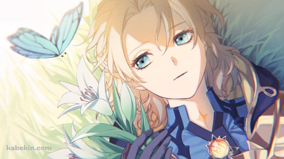 白い百合の花を持ちながら青い蝶を見つめるアルベド / 原神の壁紙(960px x 540px) 高画質 PC・デスクトップ用