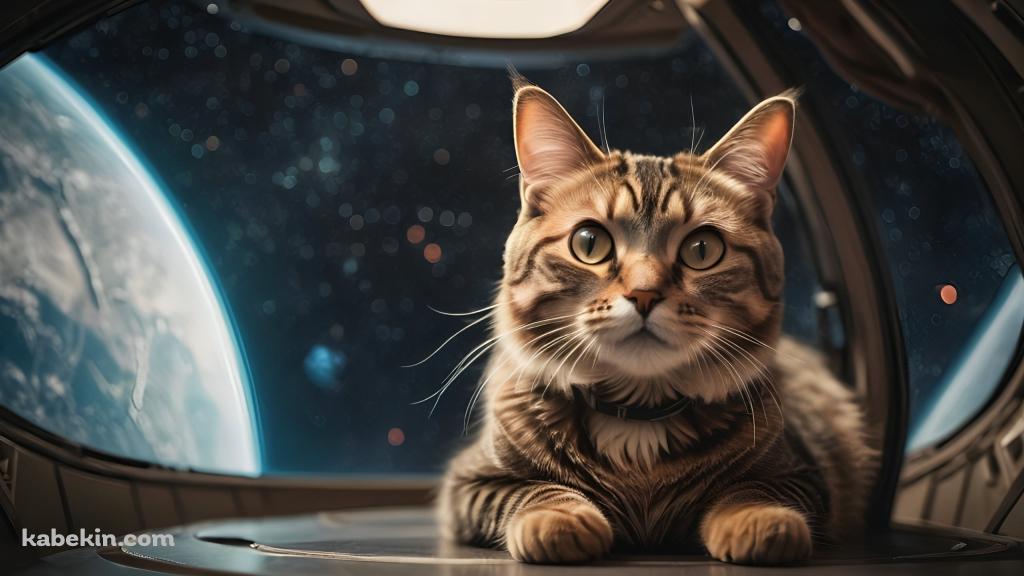 宇宙に行った猫 / 宇宙船 / 伏せ / 青い惑星の壁紙(1024px x 576px) 高画質 PC・デスクトップ用