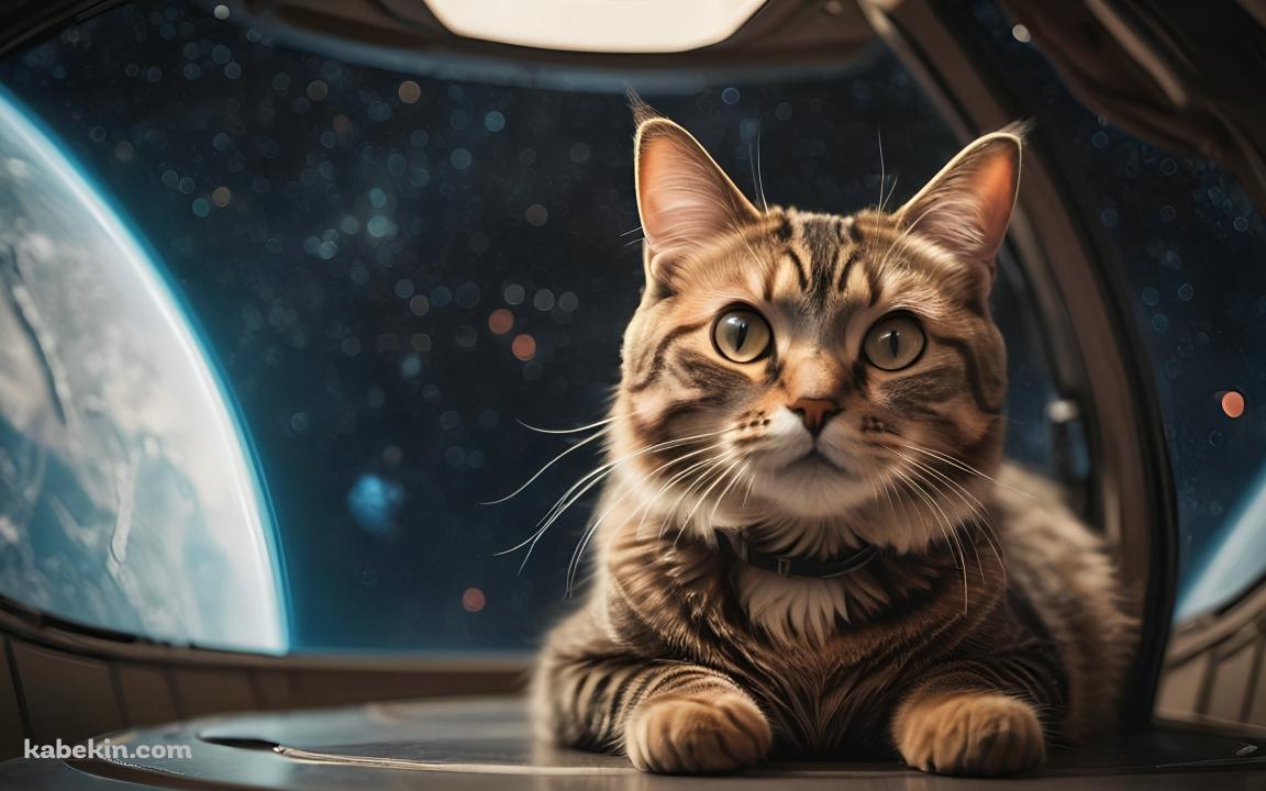 宇宙に行った猫 / 宇宙船 / 伏せ / 青い惑星の壁紙(1152px x 720px) 高画質 PC・デスクトップ用