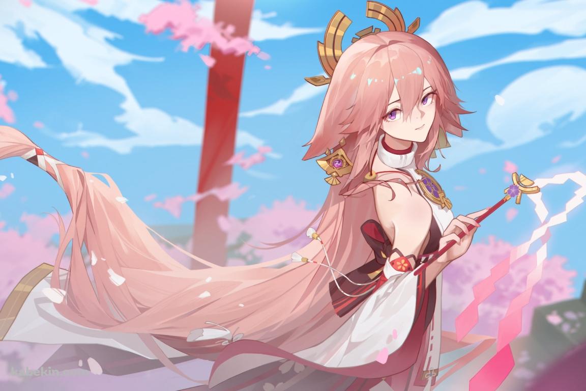 こちらを見つめる御幣を持った八重神子 / 原神の壁紙(1152px x 768px) 高画質 PC・デスクトップ用