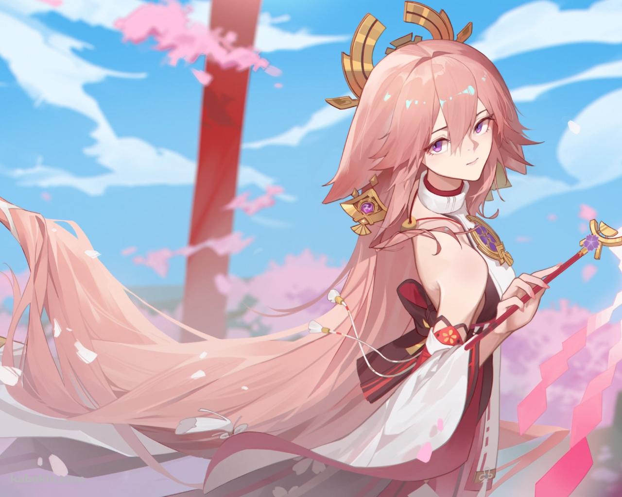 こちらを見つめる御幣を持った八重神子 / 原神の壁紙(1280px x 1024px) 高画質 PC・デスクトップ用