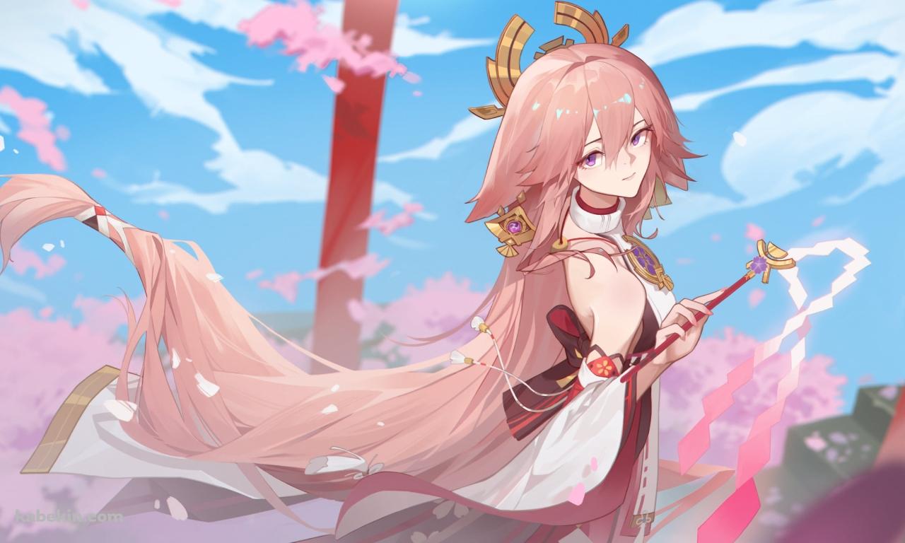 こちらを見つめる御幣を持った八重神子 / 原神の壁紙(1280px x 768px) 高画質 PC・デスクトップ用