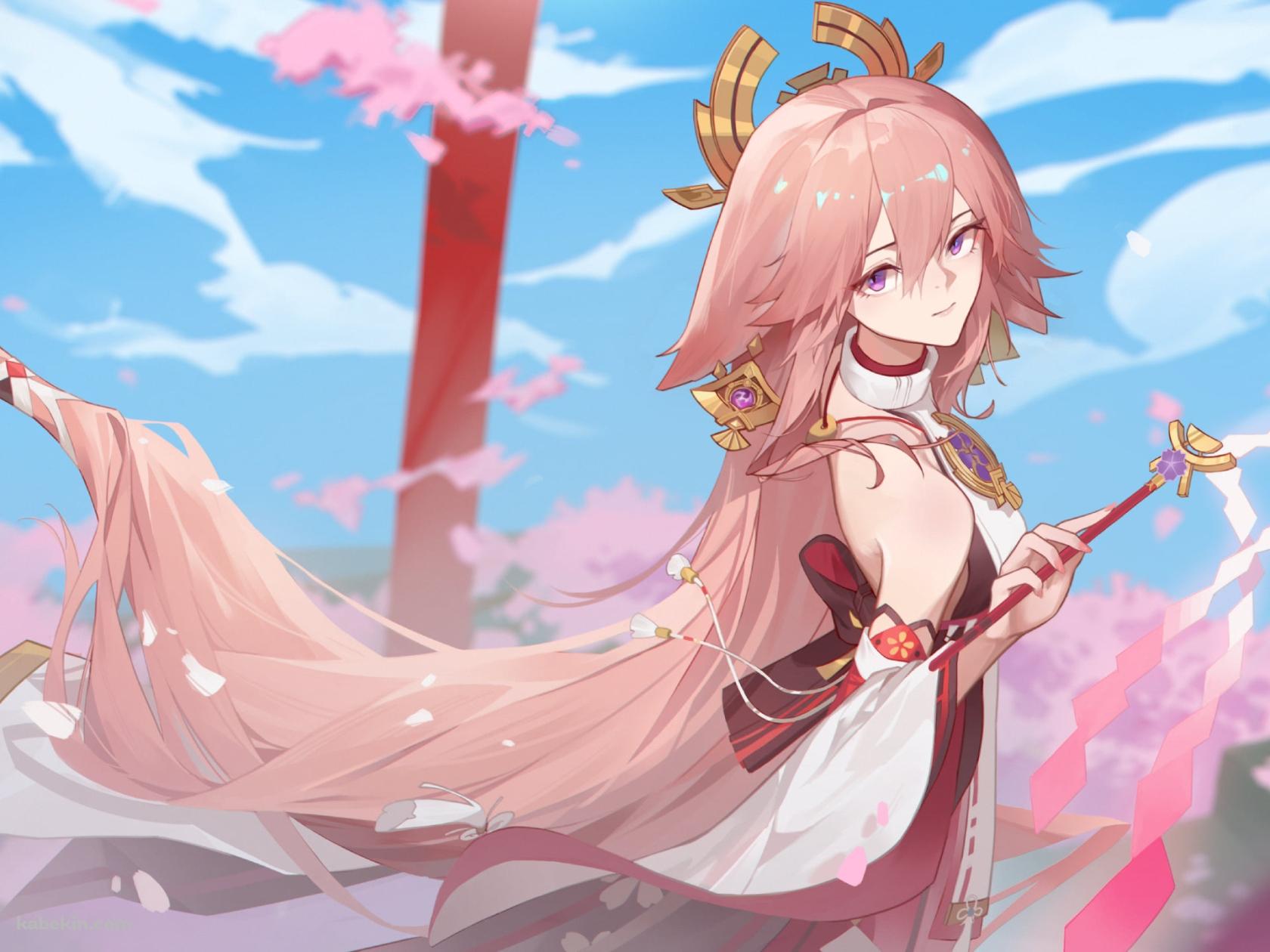 こちらを見つめる御幣を持った八重神子 / 原神の壁紙(1680px x 1260px) 高画質 PC・デスクトップ用