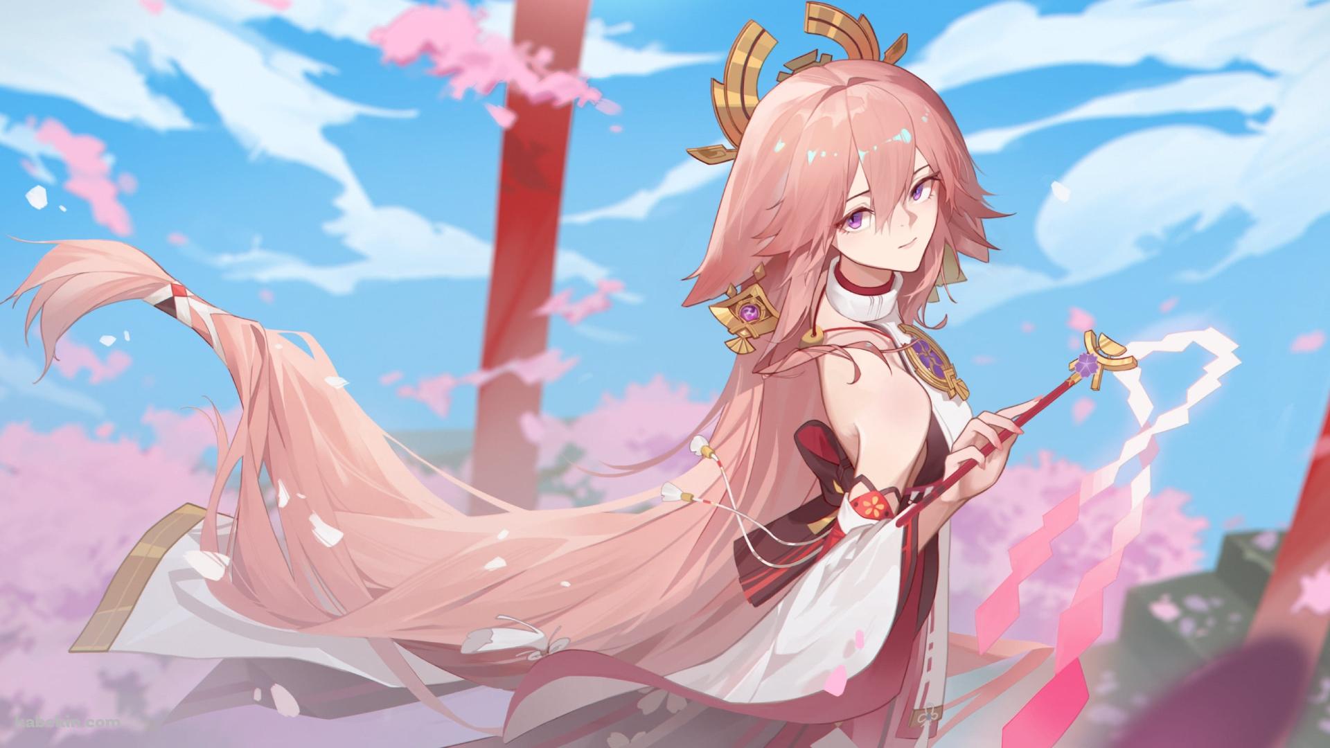こちらを見つめる御幣を持った八重神子 / 原神の壁紙(1920px x 1080px) 高画質 PC・デスクトップ用