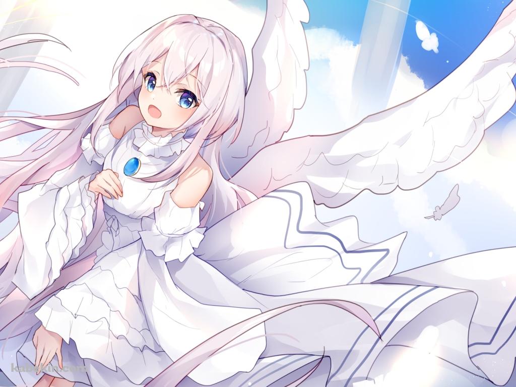 笑顔のとわ / 青いブローチ / 白い羽 / ワンルーム、日当たり普通、天使つき。の壁紙(1024px x 768px) 高画質 PC・デスクトップ用