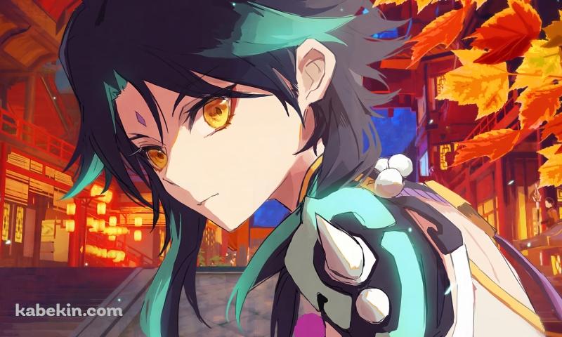 紅葉と黄色い瞳でこちらを見つめる魈 / 原神の壁紙(800px x 480px) 高画質 PC・デスクトップ用