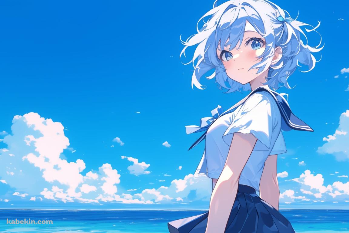 青空と海と夏 / こちらを見つめる可愛い女子高生の壁紙(1152px x 768px) 高画質 PC・デスクトップ用
