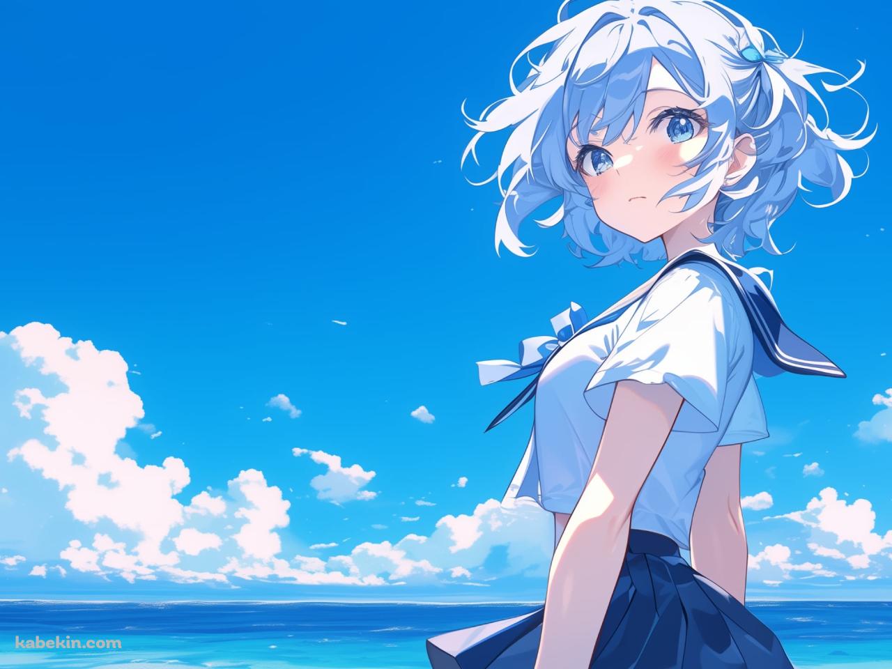 青空と海と夏 / こちらを見つめる可愛い女子高生の壁紙(1280px x 960px) 高画質 PC・デスクトップ用