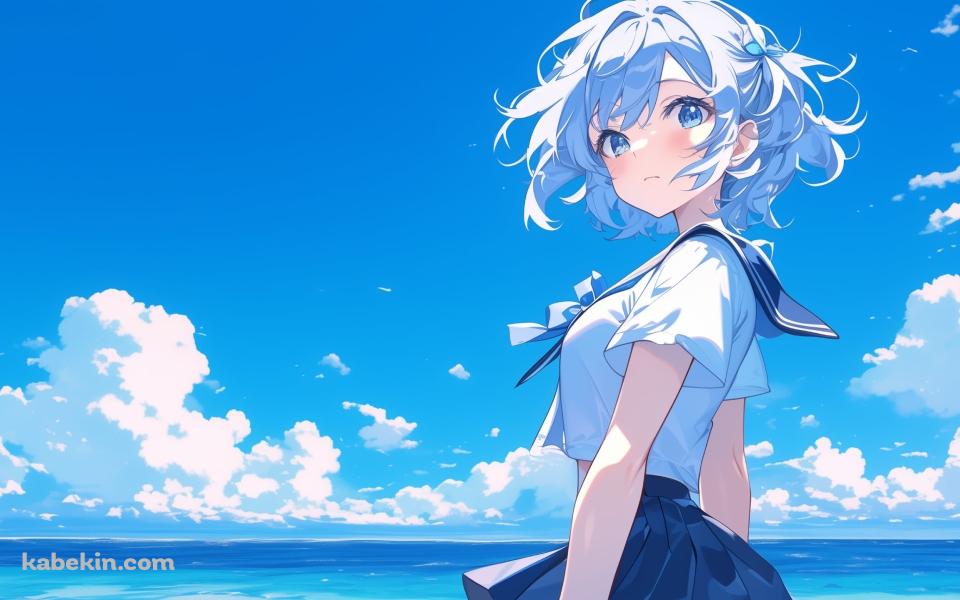 青空と海と夏 / こちらを見つめる可愛い女子高生の壁紙(960px x 600px) 高画質 PC・デスクトップ用