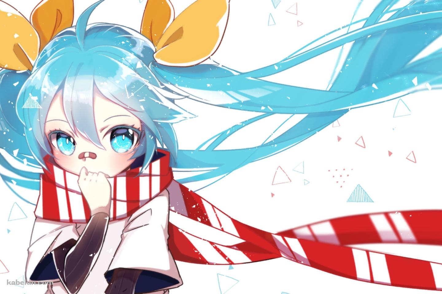 赤・白のマフラーを巻いた鼻に絆創膏をつけた初音ミク / ボカロ / ボーカロイドの壁紙(1440px x 960px) 高画質 PC・デスクトップ用