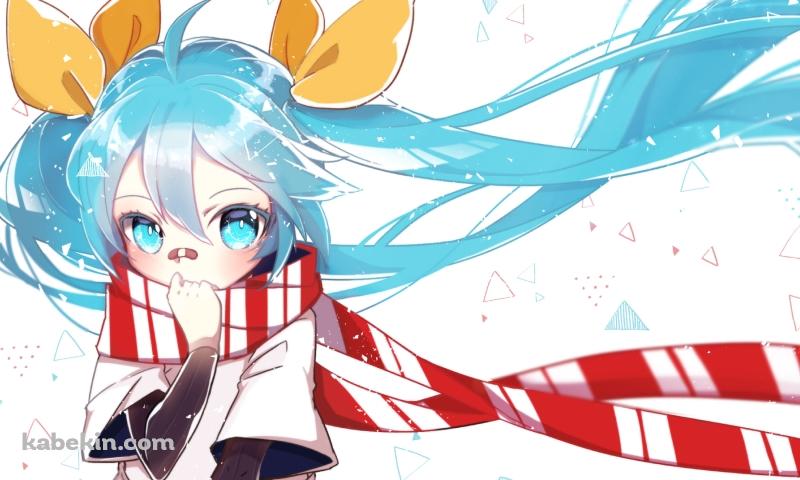赤・白のマフラーを巻いた鼻に絆創膏をつけた初音ミク / ボカロ / ボーカロイドの壁紙(800px x 480px) 高画質 PC・デスクトップ用