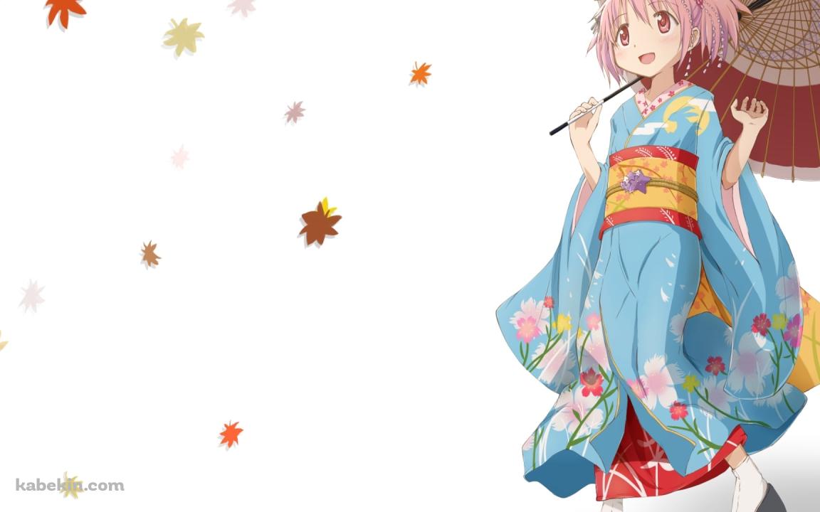 紅葉と和傘をさす水色の着物を着た鹿目まどか / 魔法少女まどか☆マギカの壁紙(1152px x 720px) 高画質 PC・デスクトップ用