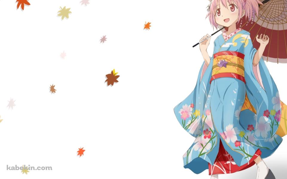 紅葉と和傘をさす水色の着物を着た鹿目まどか / 魔法少女まどか☆マギカの壁紙(960px x 600px) 高画質 PC・デスクトップ用