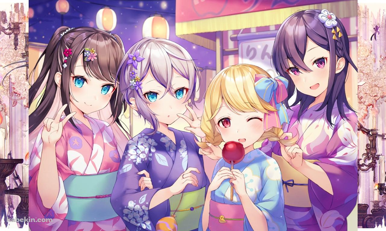 屋台の前で記念写真を撮る一ノ瀬うるは、花芽すみれ、小雀とと、花芽なずな / ぶいすぽっ！ / バーチャルYouTuber / Vtuberの壁紙(1280px x 768px) 高画質 PC・デスクトップ用