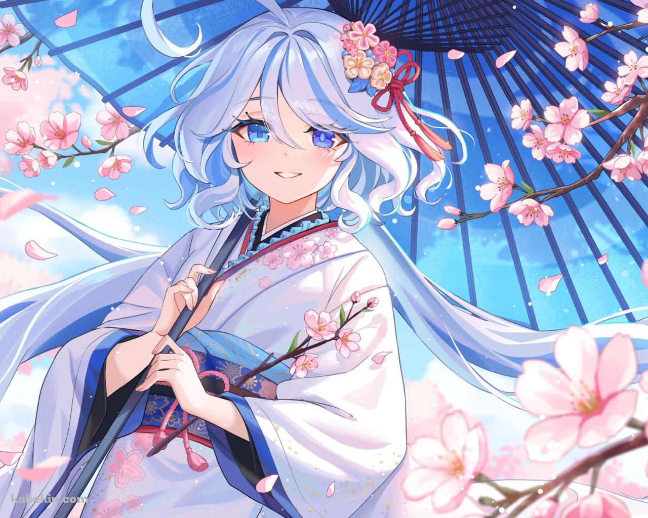 透明な青い和傘をさすフリーナ / 原神の壁紙(1280px x 1024px) 高画質 PC・デスクトップ用