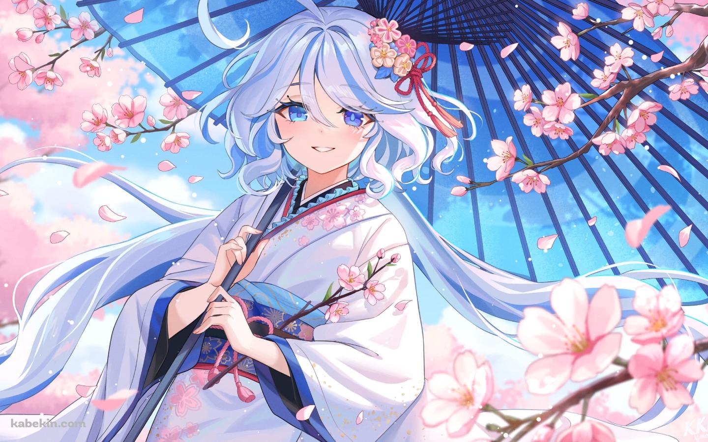 透明な青い和傘をさすフリーナ / 原神の壁紙(1440px x 900px) 高画質 PC・デスクトップ用