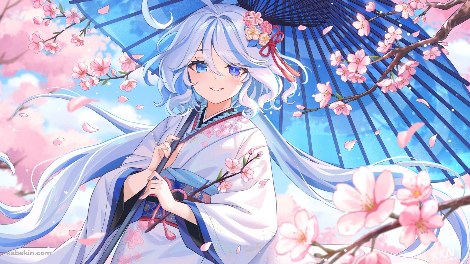 透明な青い和傘をさすフリーナ / 原神の壁紙(1600px x 900px) 高画質 PC・デスクトップ用