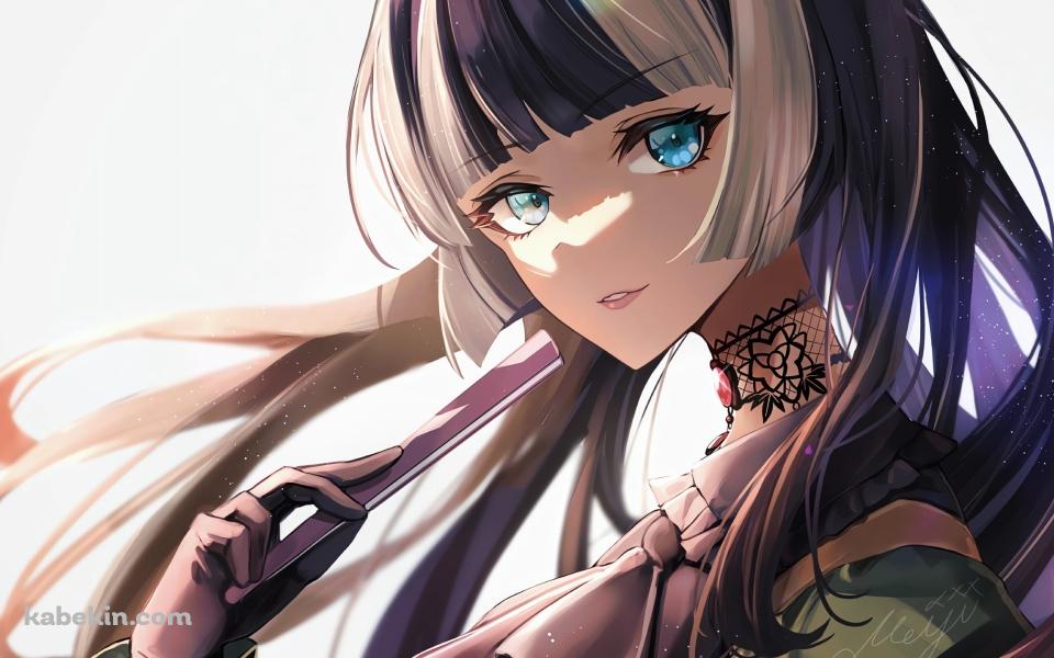 扇子を持ちこちらを見つめる儒烏風亭らでん / ホロライブ / バーチャルYouTuber / Vtuberの壁紙(960px x 600px) 高画質 PC・デスクトップ用