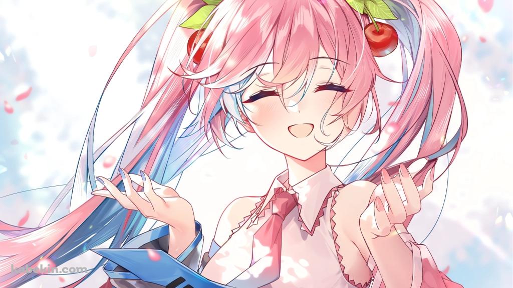 桜の花に手をかざす笑顔の桜ミク / ボカロの壁紙(1024px x 576px) 高画質 PC・デスクトップ用