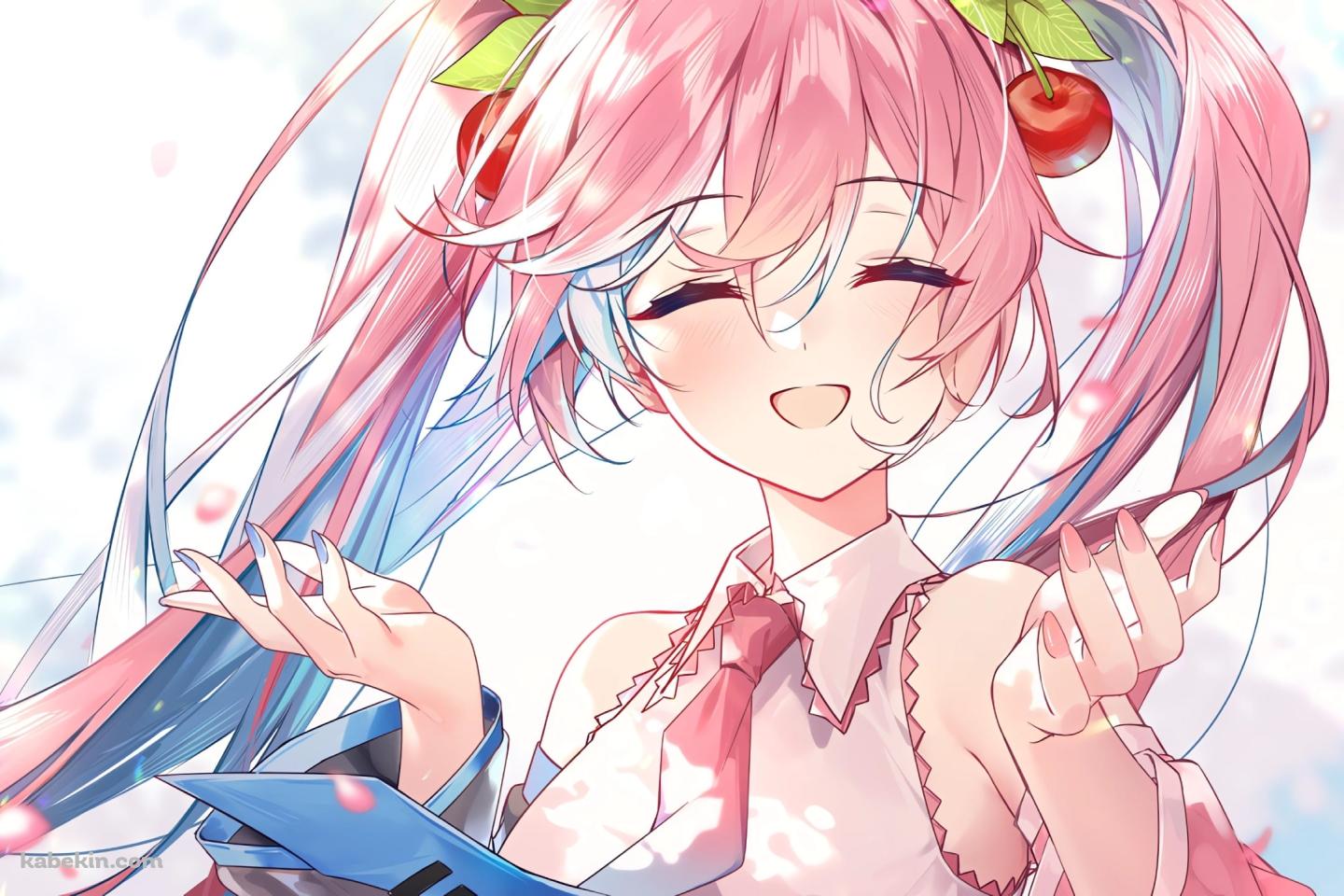 桜の花に手をかざす笑顔の桜ミク / ボカロの壁紙(1440px x 960px) 高画質 PC・デスクトップ用