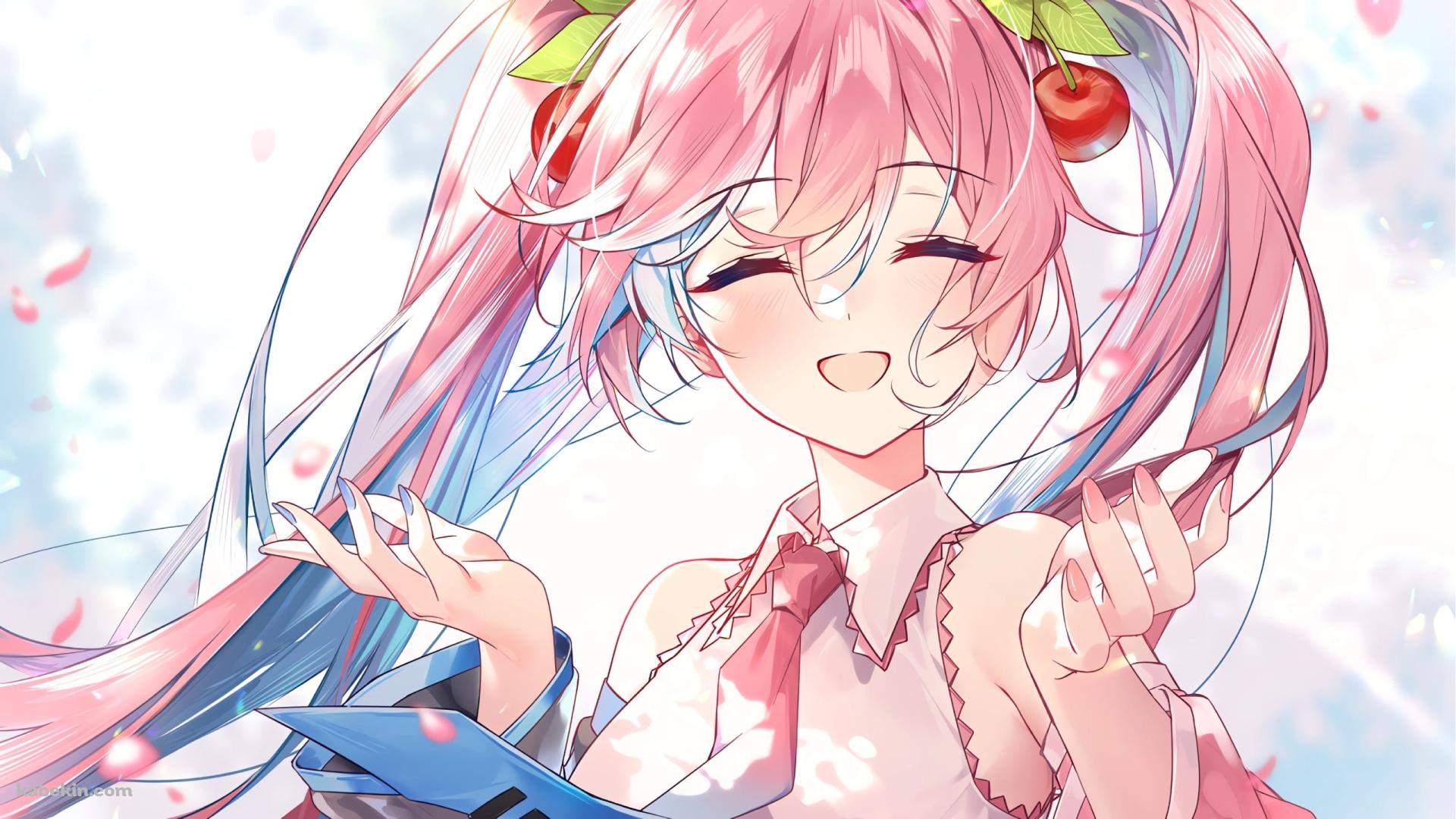 桜の花に手をかざす笑顔の桜ミク / ボカロの壁紙(1920px x 1080px) 高画質 PC・デスクトップ用