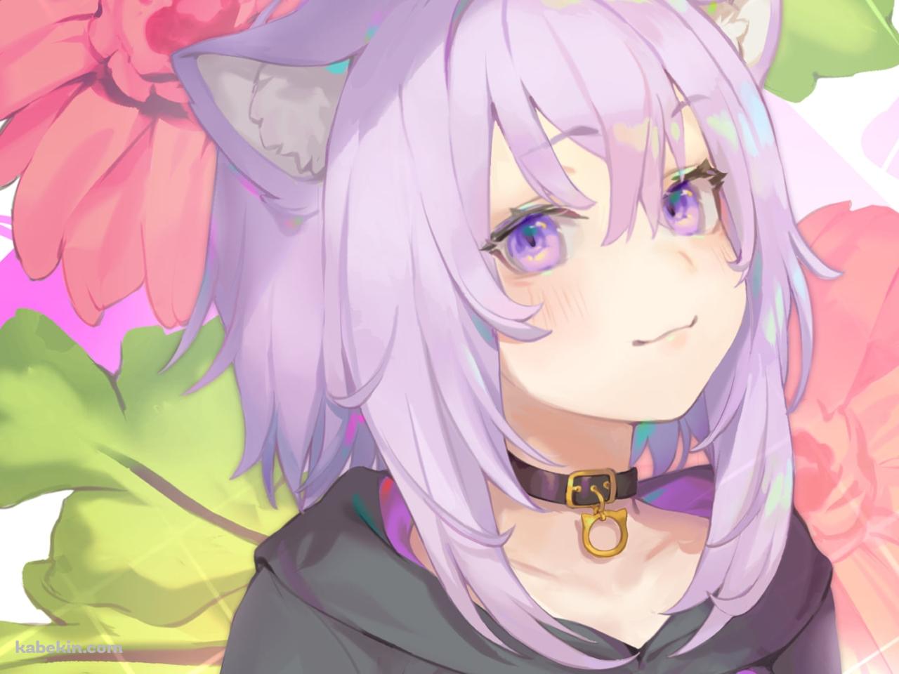 ピンクの花と猫又おかゆ / ホロライブ / バーチャルYouTuberの壁紙(1280px x 960px) 高画質 PC・デスクトップ用