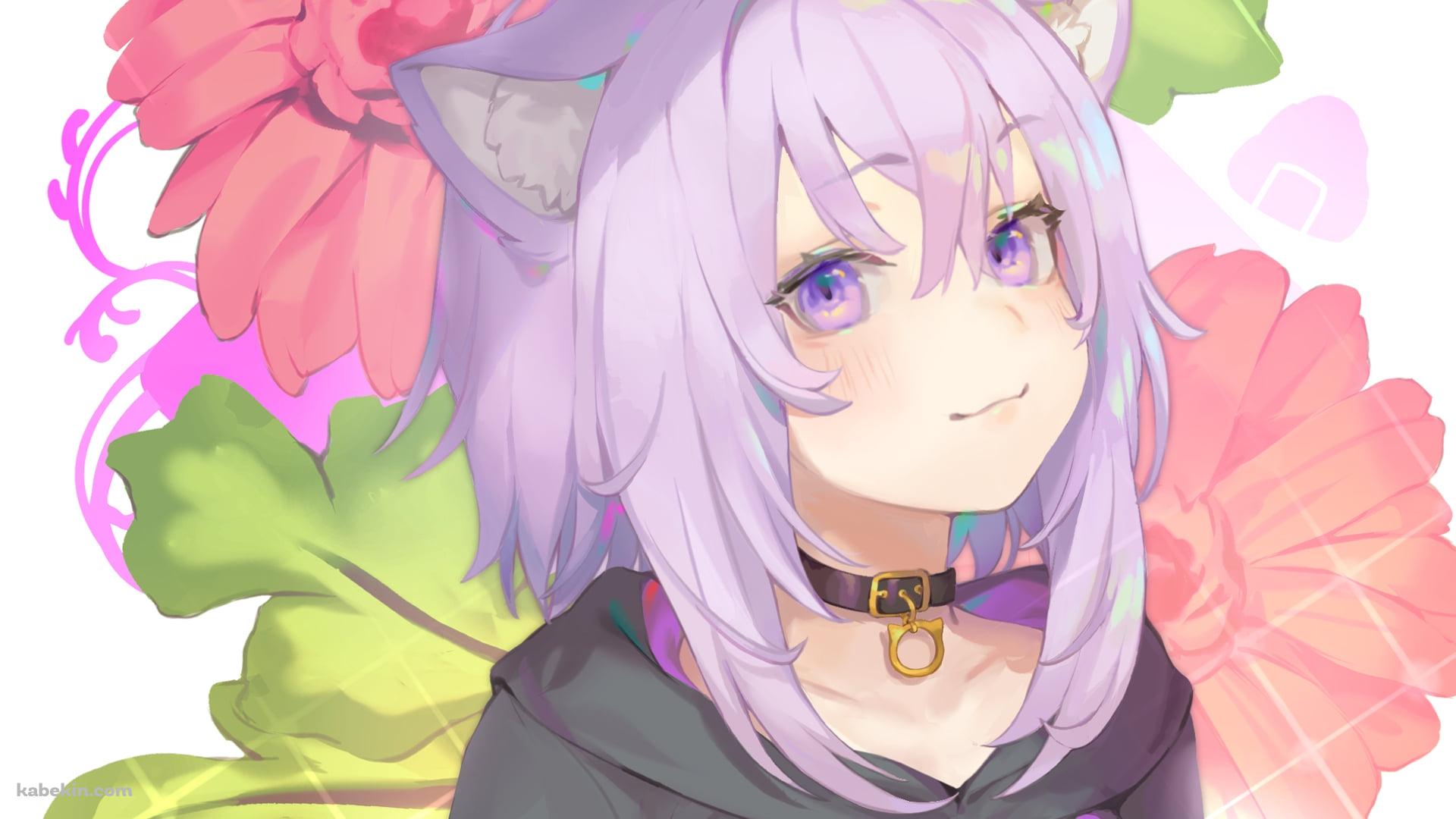 ピンクの花と猫又おかゆ / ホロライブ / バーチャルYouTuberの壁紙(1920px x 1080px) 高画質 PC・デスクトップ用