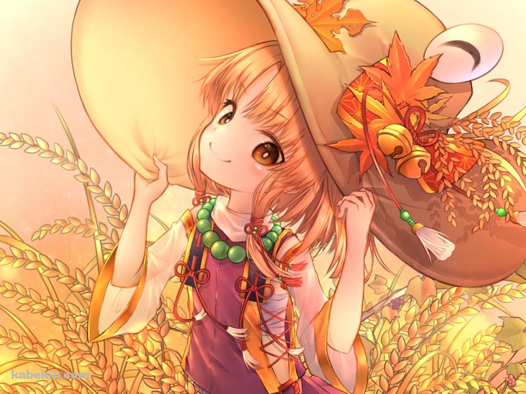 稲穂と帽子を抑える洩矢諏訪子 / 東方の壁紙(1024px x 768px) 高画質 PC・デスクトップ用