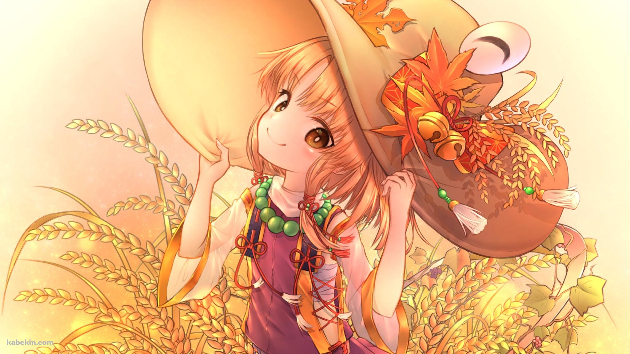 稲穂と帽子を抑える洩矢諏訪子 / 東方の壁紙(2048px x 1152px) 高画質 PC・デスクトップ用