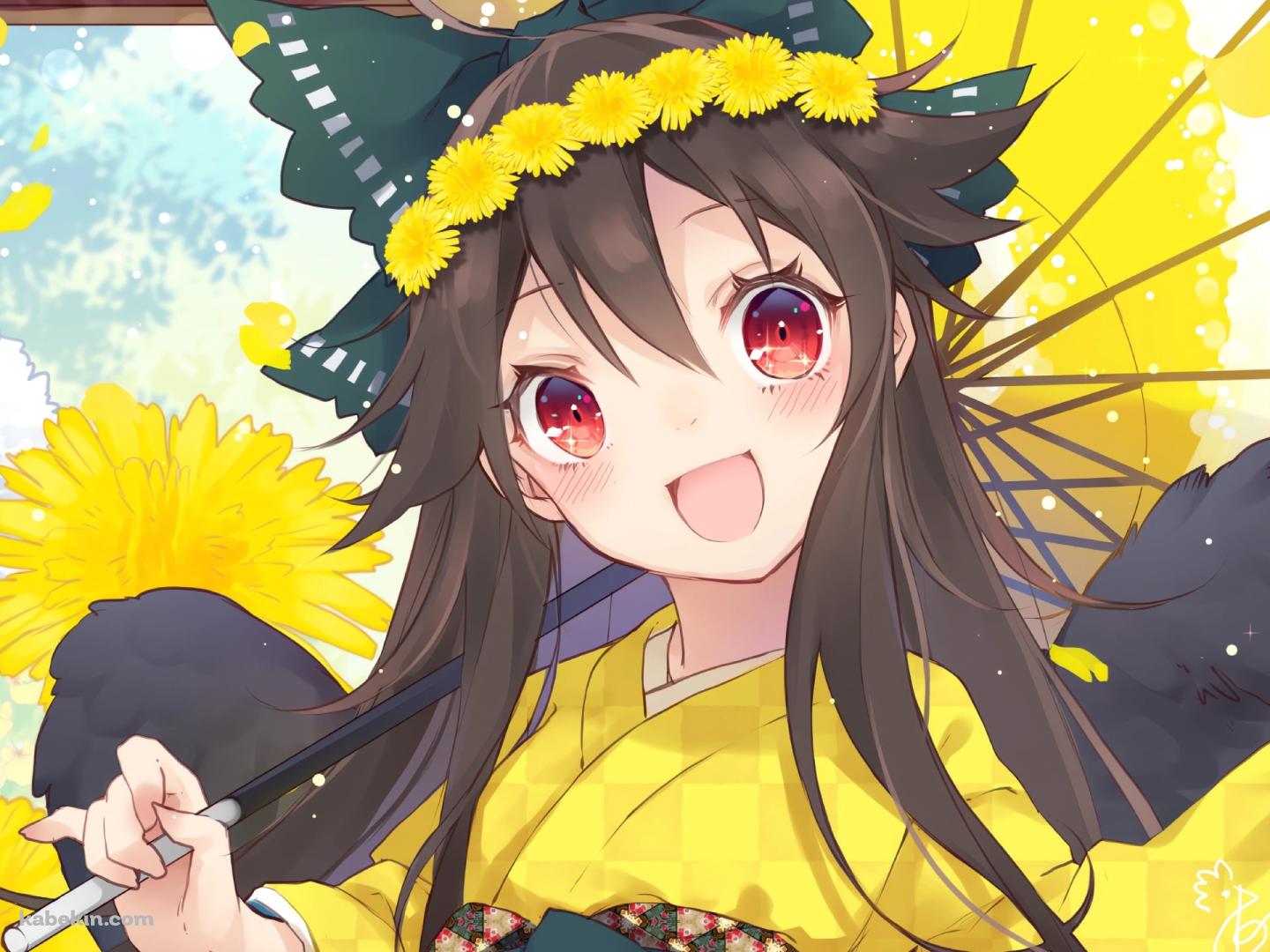 黄色い着物を着て和傘をさした笑顔の霊烏路空 / 東方の壁紙(1440px x 1080px) 高画質 PC・デスクトップ用