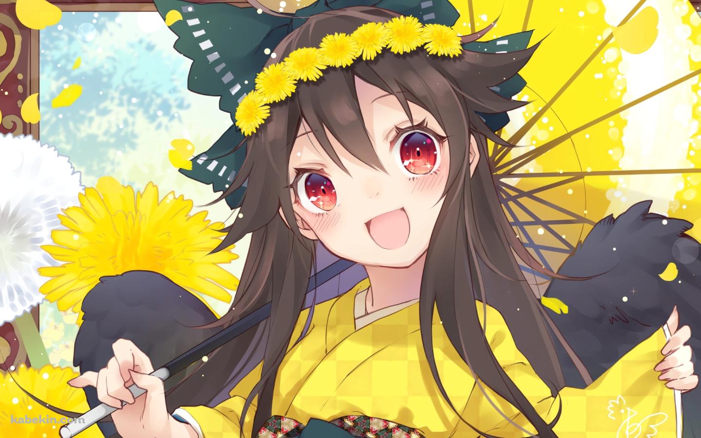 黄色い着物を着て和傘をさした笑顔の霊烏路空 / 東方の壁紙(1440px x 900px) 高画質 PC・デスクトップ用