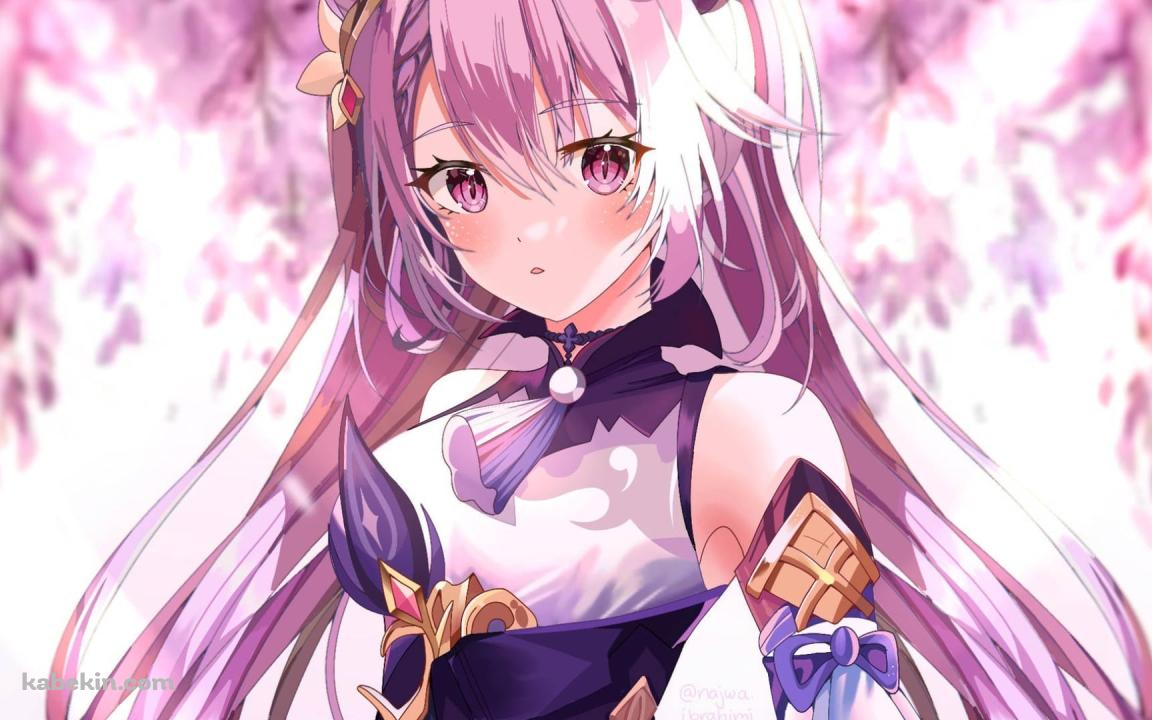 藤の花とこちらを見つめる八重神子 / 原神の壁紙(1152px x 720px) 高画質 PC・デスクトップ用