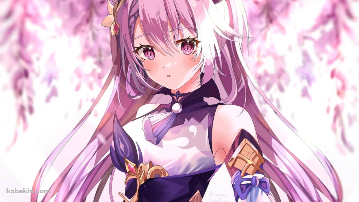 藤の花とこちらを見つめる八重神子 / 原神の壁紙(1242px x 698px) 高画質 PC・デスクトップ用