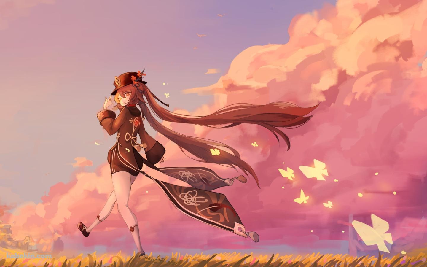 夕暮れの草原を歩く胡桃 / 光る蝶 / 原神の壁紙(1440px x 900px) 高画質 PC・デスクトップ用