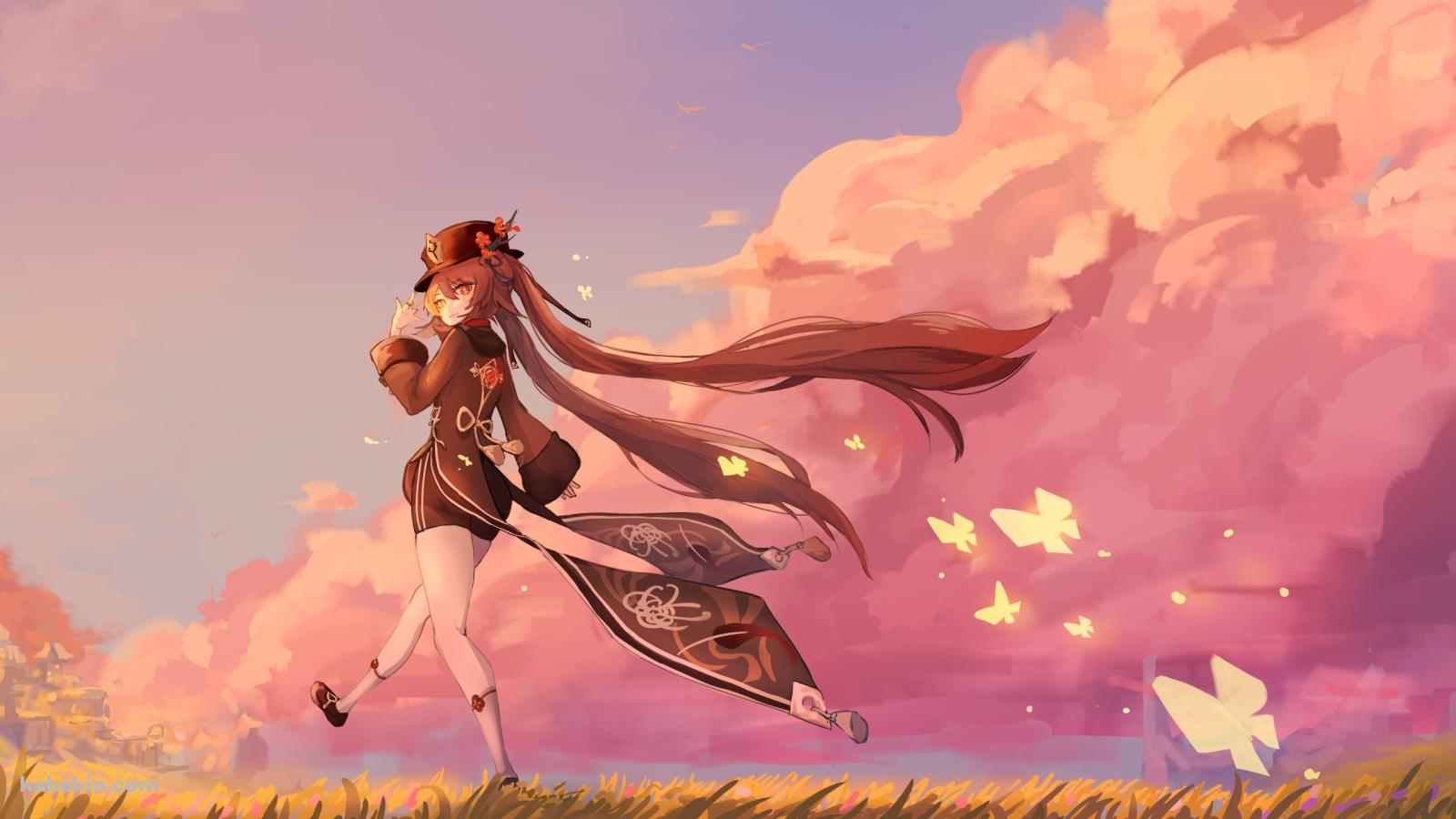 夕暮れの草原を歩く胡桃 / 光る蝶 / 原神の壁紙(1600px x 900px) 高画質 PC・デスクトップ用