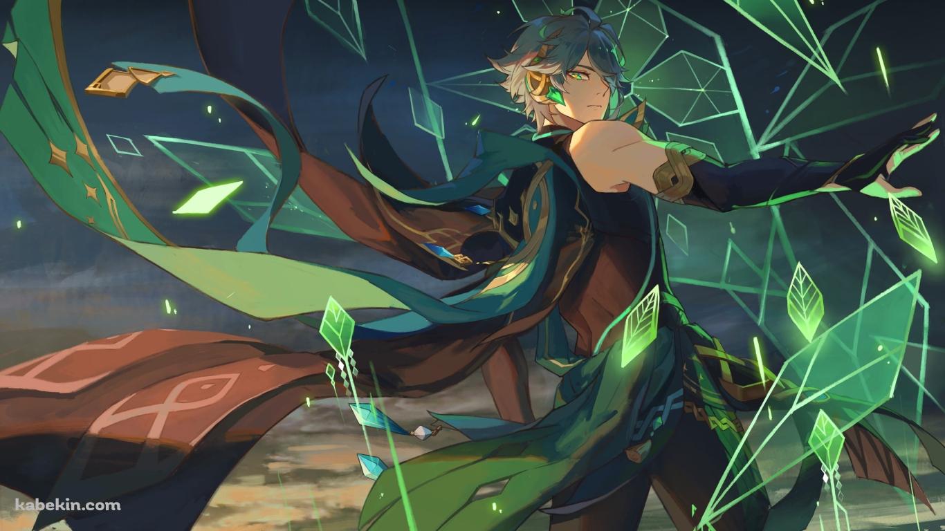 手を広げ魔法を詠唱するかっこいいアルハイゼン / 原神の壁紙(1366px x 768px) 高画質 PC・デスクトップ用