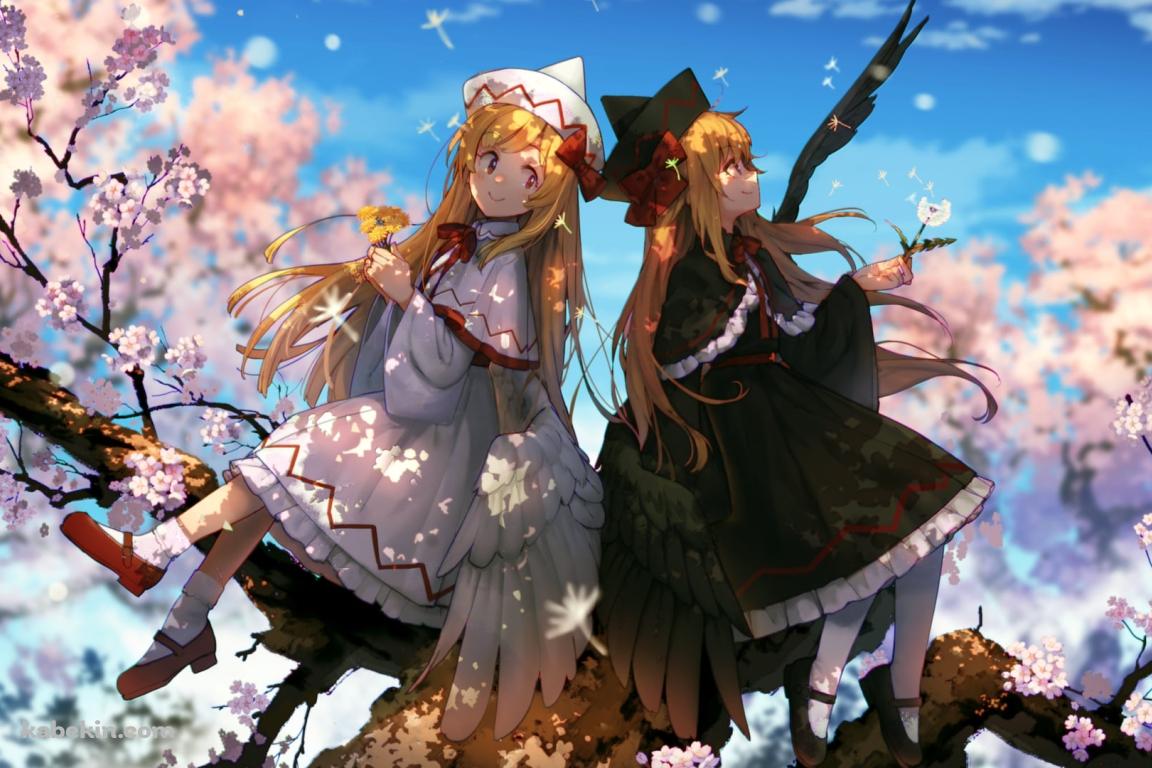 桜の木に座るリリーホワイトとリリーブラック / 東方の壁紙(1152px x 768px) 高画質 PC・デスクトップ用