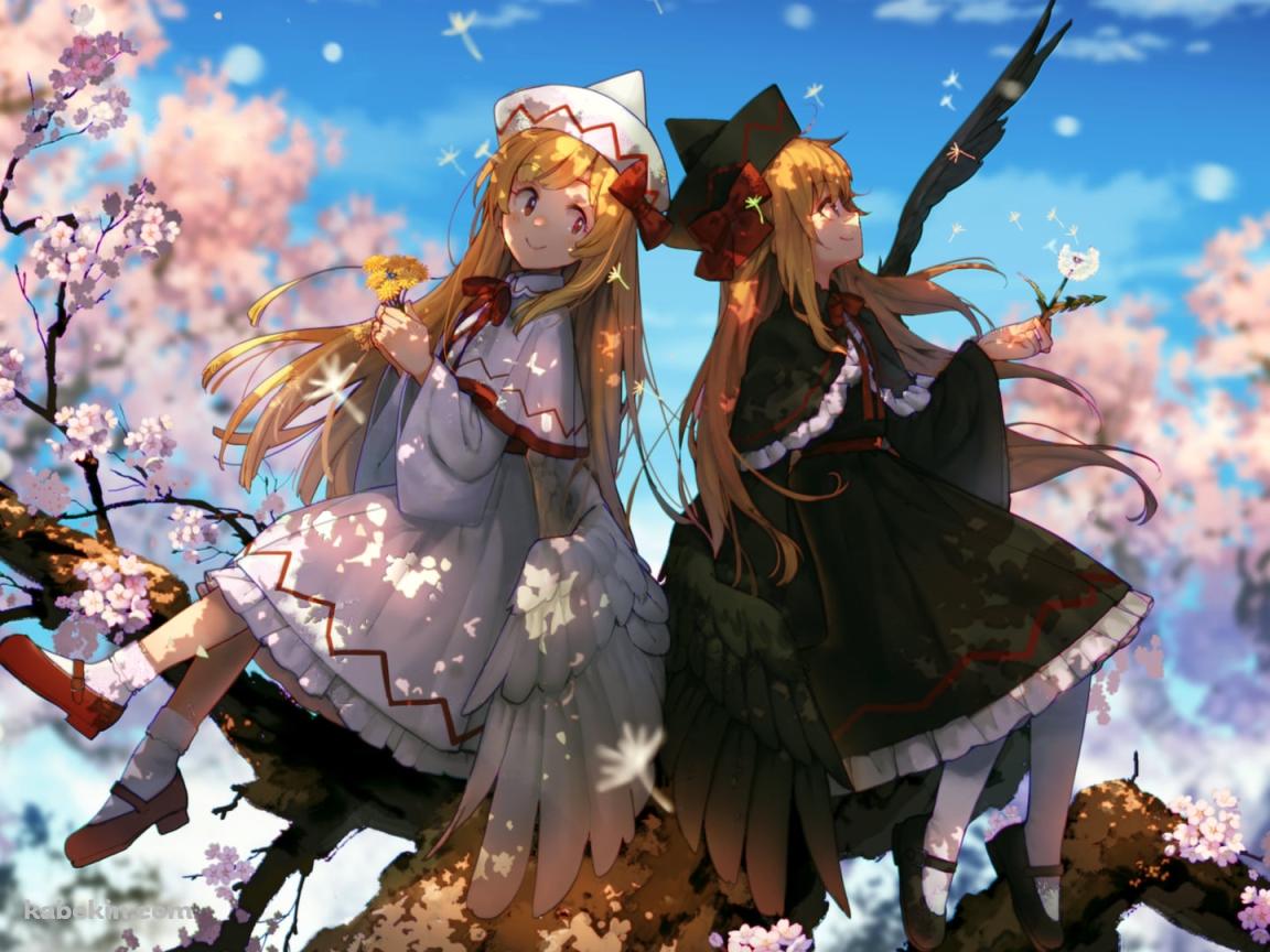 桜の木に座るリリーホワイトとリリーブラック / 東方の壁紙(1152px x 864px) 高画質 PC・デスクトップ用
