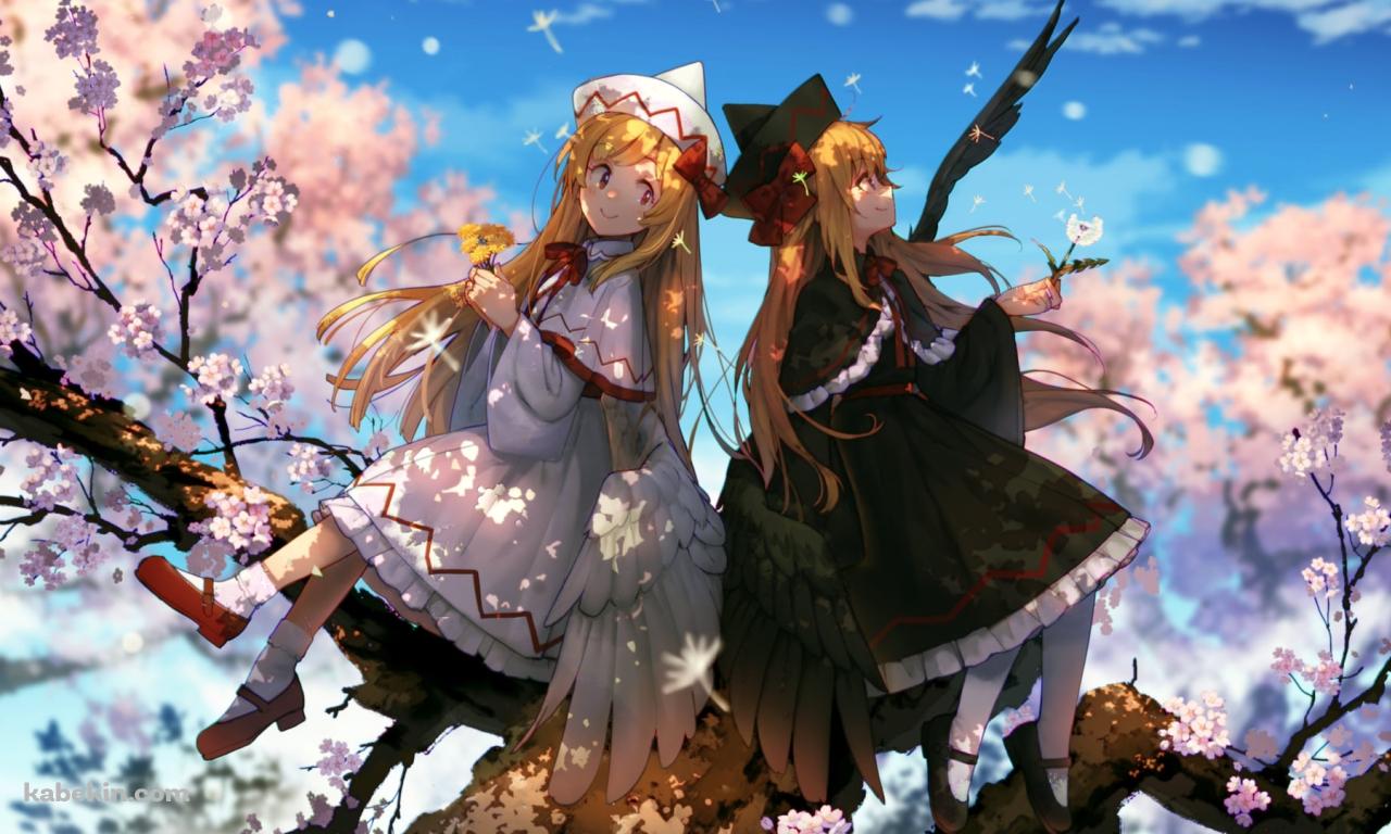 桜の木に座るリリーホワイトとリリーブラック / 東方の壁紙(1280px x 768px) 高画質 PC・デスクトップ用