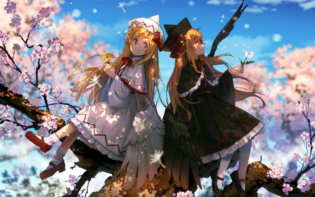 桜の木に座るリリーホワイトとリリーブラック / 東方の壁紙(1280px x 800px) 高画質 PC・デスクトップ用