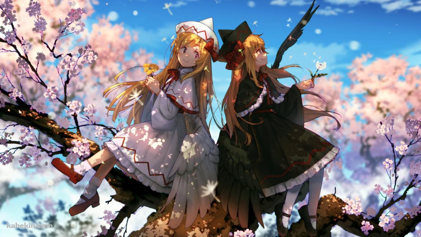 桜の木に座るリリーホワイトとリリーブラック / 東方の壁紙(1391px x 783px) 高画質 PC・デスクトップ用